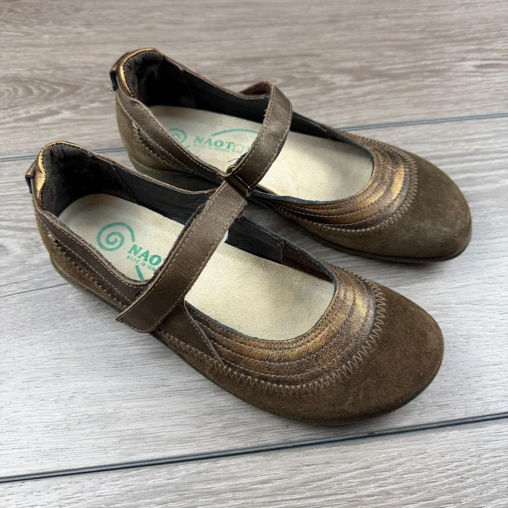 Naot Women Mary Jane Kirei Suede Bronze Leather Shoes Brown 36 US 5.5
